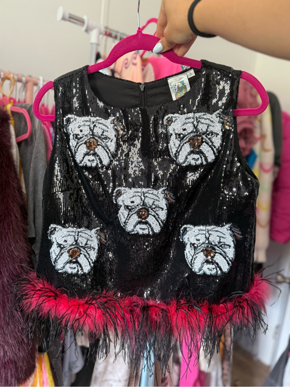QUEEN OF SPARKLES Black Sequin Bulldog Crop Top with Pink Feather Trim